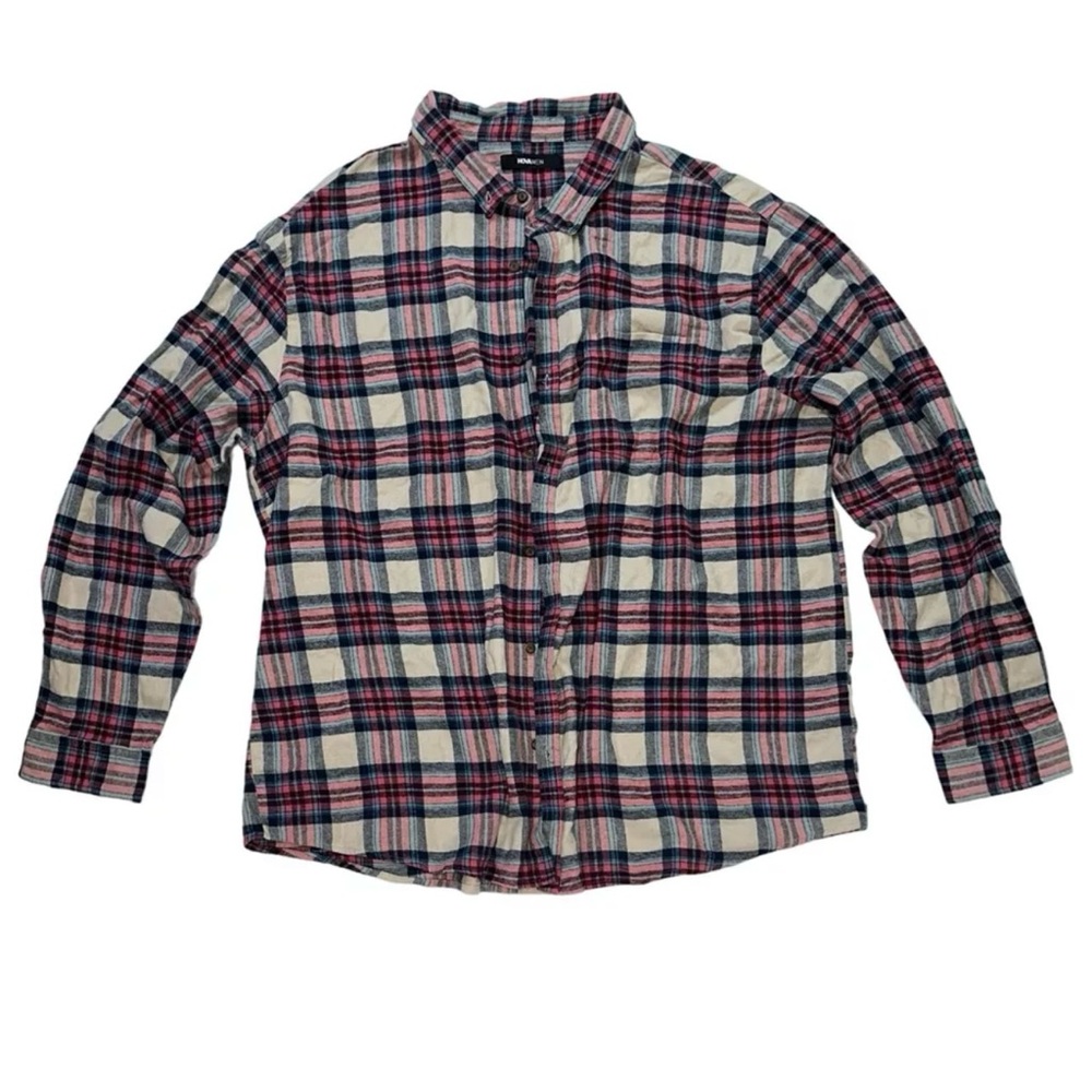 Nova Men Flannel Shirt Button Up Men 3XL Pink Beige Fall Winter Long Sleeves